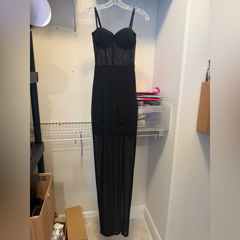 Windsor Black with Crystals Halter Gown Dress